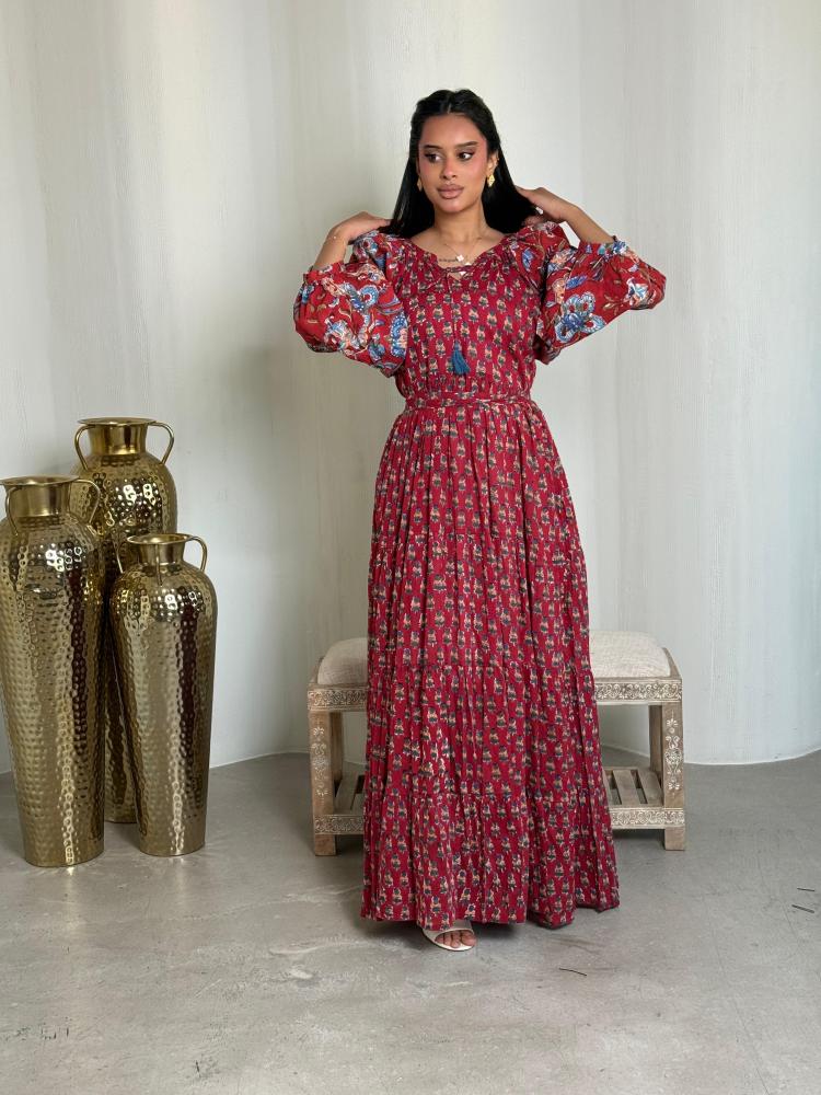 جلابية قطن طبقات مشجر أحمر وأزرق Flora red blue