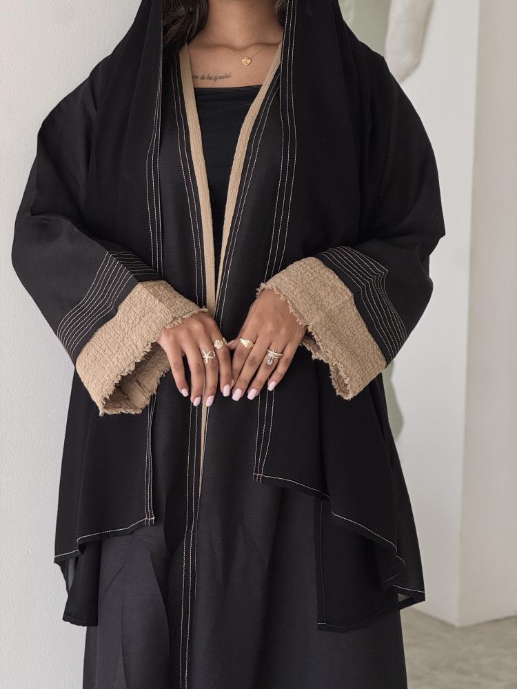 عباية سوداء Formal Black كتان مع تفاصيل كاكي