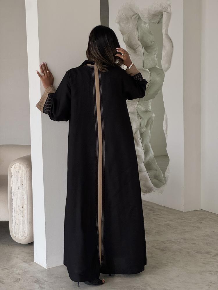 عباية سوداء Formal Black كتان مع تفاصيل كاكي