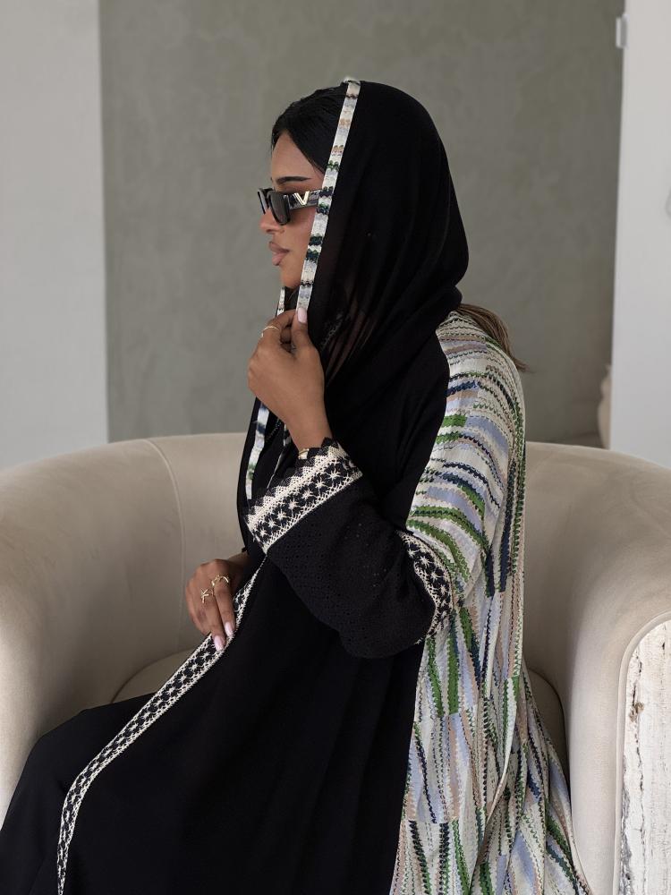 عباية سوداء قطن مشجر اكمام كروشيه كريب