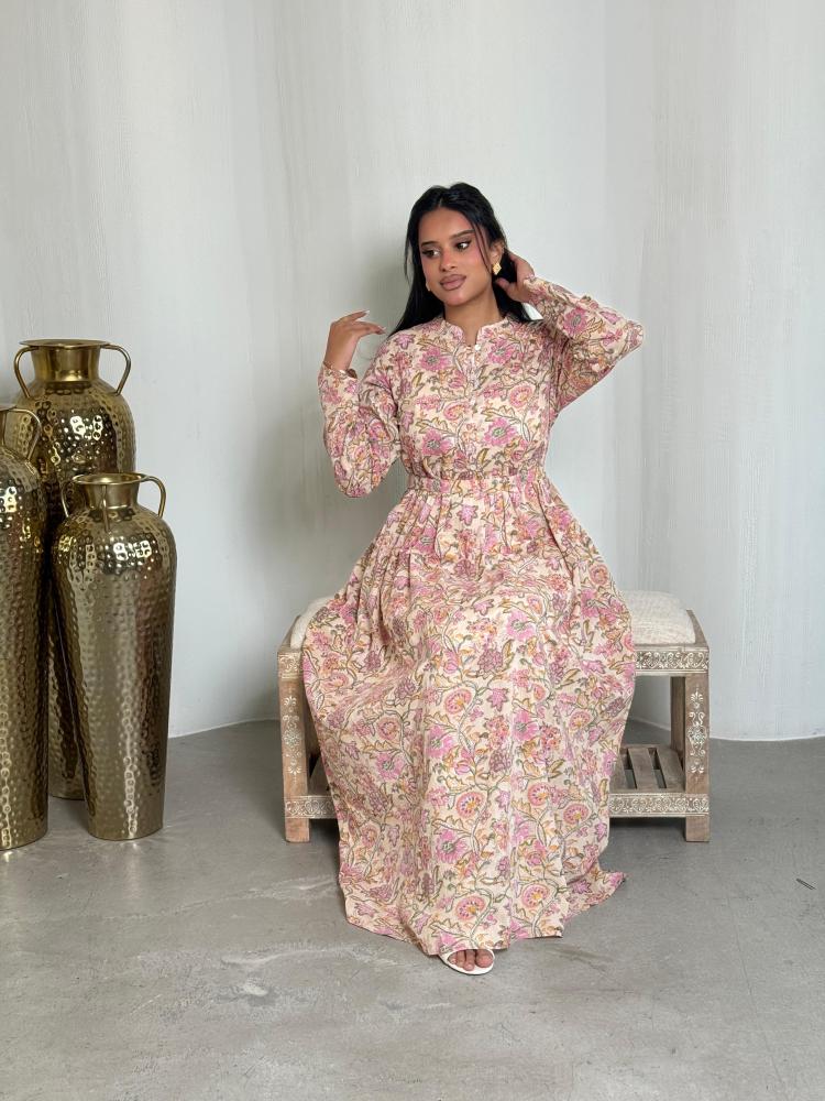 جلابية قطن مشجر وردي وأصفر بحزام خصر Tania pink yellow
