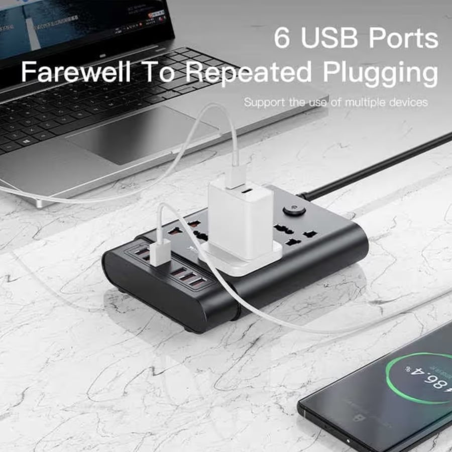 مقبس تمديد طاقة 2 متر مع 4 منافذ تيار متردد و6 منافذ USB من يسيدو