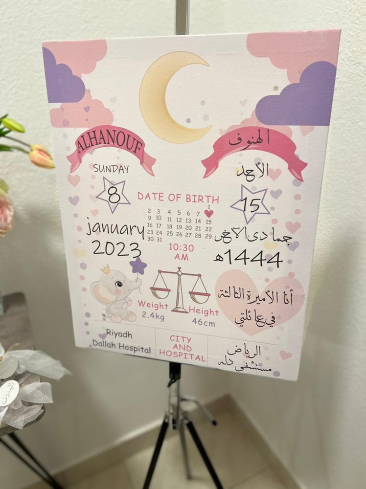 لوحة كانفاس بمعلومات المولود