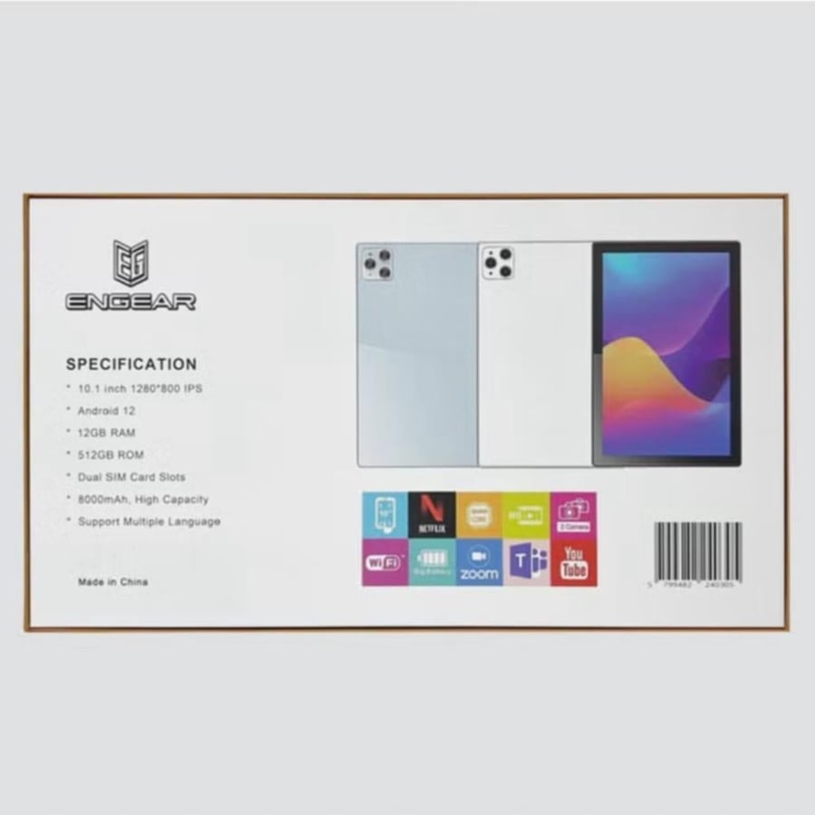تابلت ذكي ENGEAR مقاس 10.1 بوصة EG-X10 يعمل بنظام Android 12 Tab مع ذاكرة وصول عشوائي 512 جيجابايت وذاكرة وصول عشوائي 12 جيجابايت رباعي النواة وواي فاي 5G LTE ثنائي الشريحة