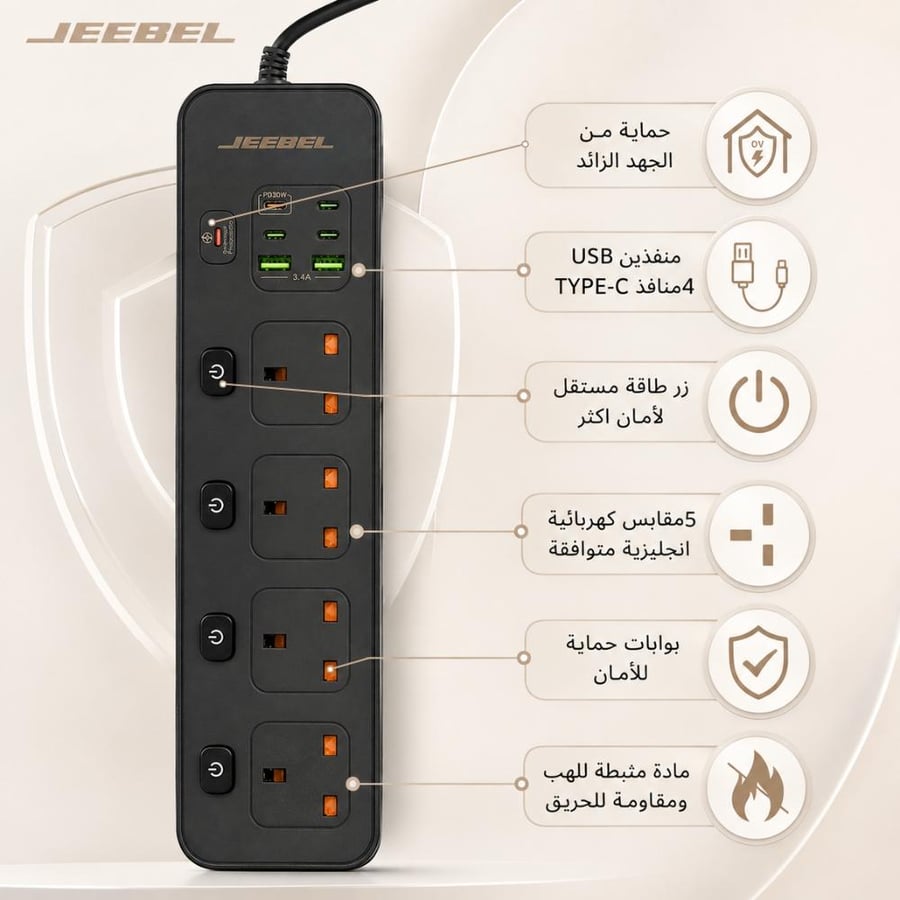 توصيلة كهرباء فولتكس جيبل | بقدرة 3250 واط 4 مقابس UK مستقلة + 2 USB + 4 USB-C PD – حماية متقدمة – معتمدة SASO