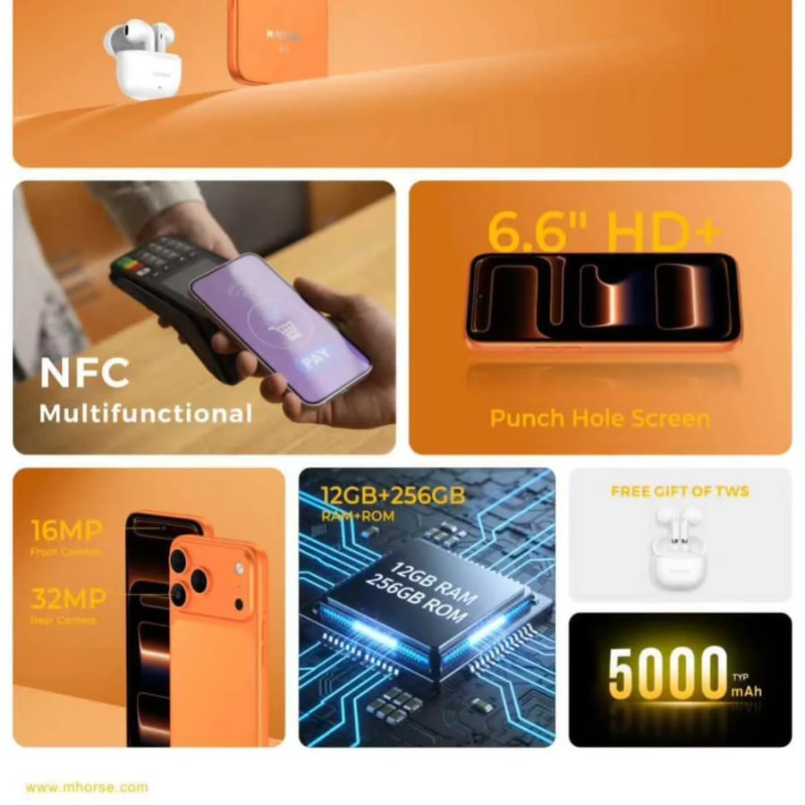 هاتف M-HORSE 17 Pro Max Plus: شاشة 6.6 بوصة، ذاكرة 128GB، رام 12GB، بطارية 5000mAh، Android 14، 4G VoLTE، WiFi 5GHz، USB Type C، هدية سماعات TWS
