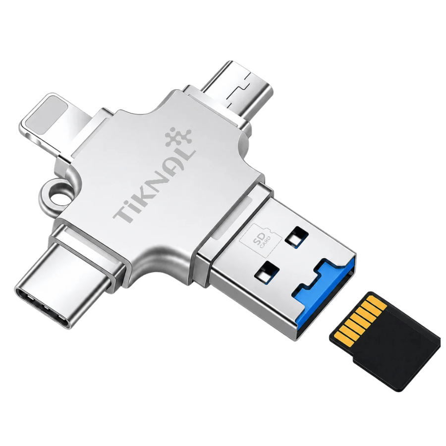 قارئ ذاكرة تكنل 4 في 1 للجوال والكمبيوتر بمنفذ USB وType-C ولايتنينج وMicro USB
