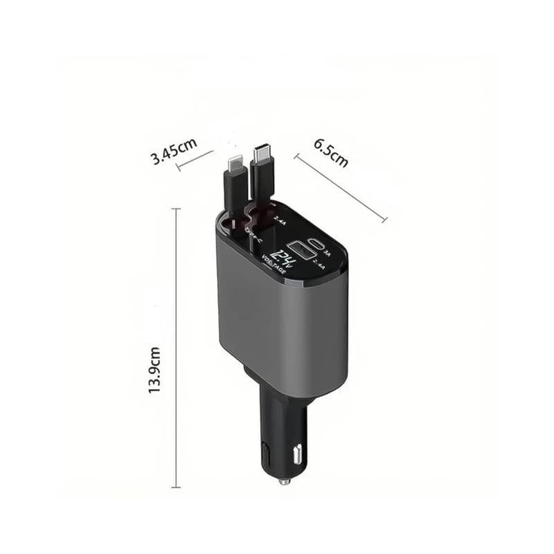 شاحن سيارة سريع الشحن بكابلين كابل لاينتنغ وكابل USB-C قابل للسحب