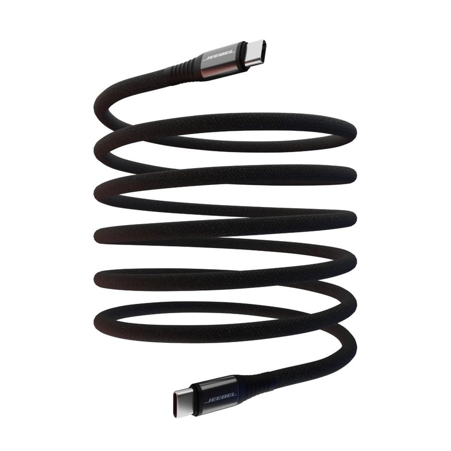 كابل شحن أسود مجدول بتصميم ملتف وموصلات USB C