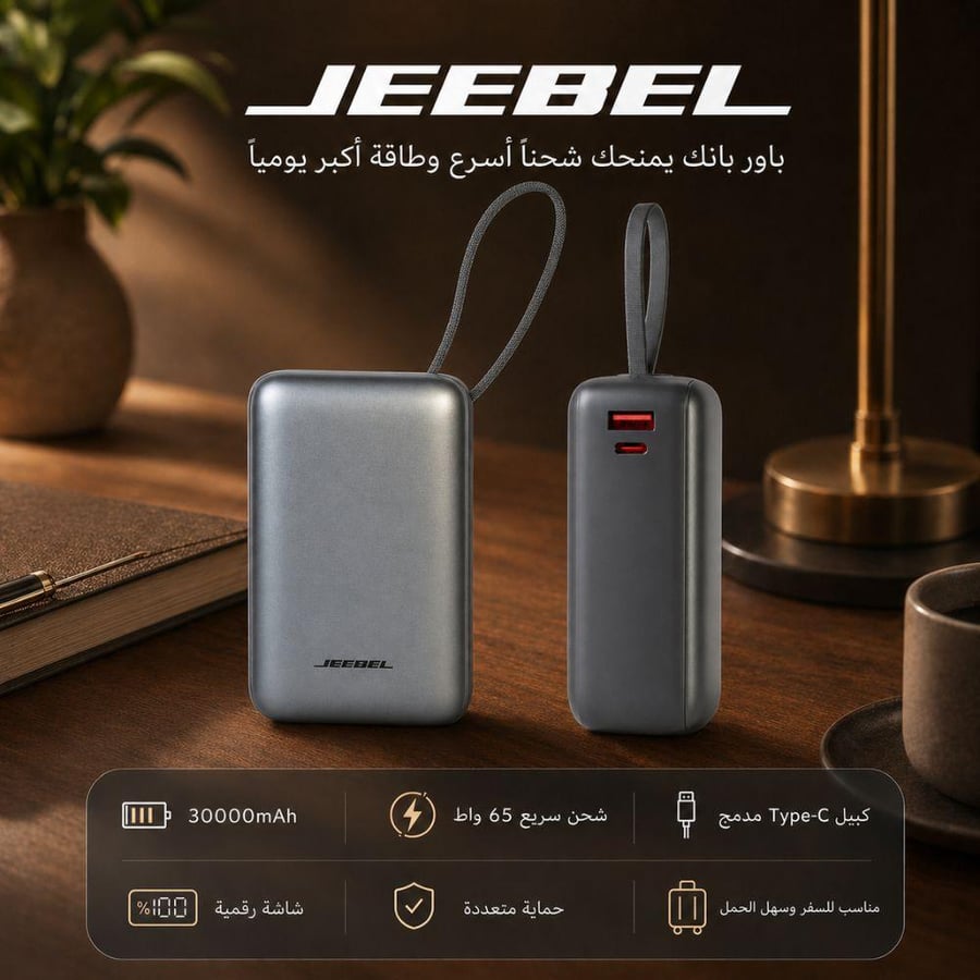 باور بانك جيبل 30000mAh شحن سريع PD65W شاشة رقمية كابل مدمج - أسود