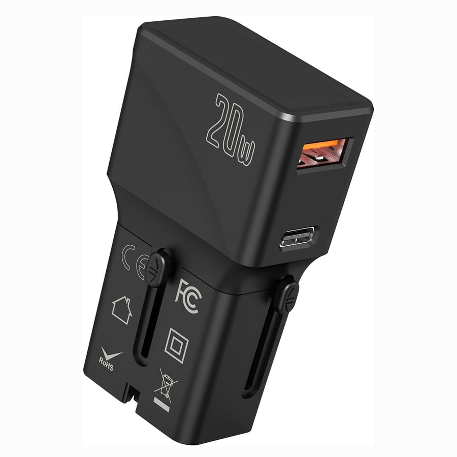 محول سفر عالمي صغير محمول بقوة 20 و مدخل (USB-C) و (USB-A)