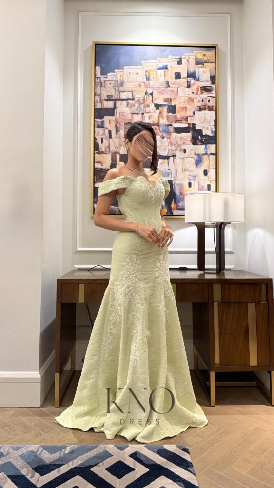 فستان سهرة أوف شولدر دنتيل مطرز باللون الأخضر الفاتح
