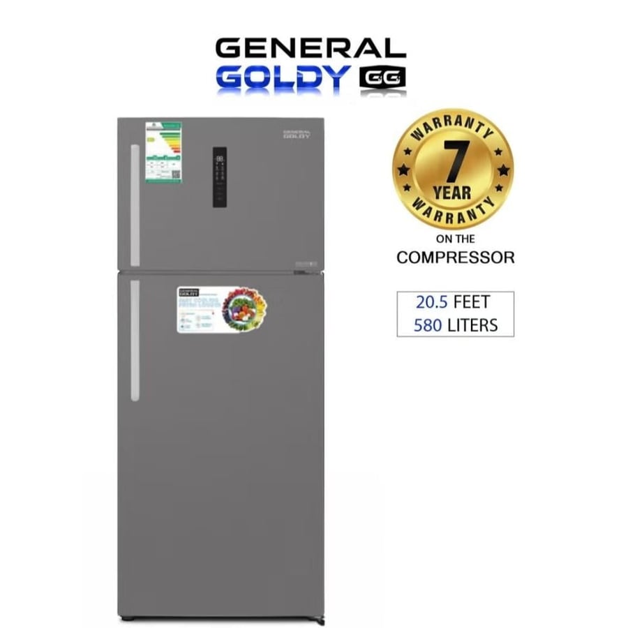 General Goldie refrigerator, two doors, 20.5 feet, 580 liters, inverter, stainless steel, GG621NF