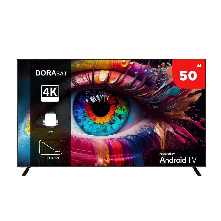 شاشة دورا سات 50 بوصة ذكية بجودة 4K UHD – واي فاي، بدون حواف، اسود (موديل DST50U)