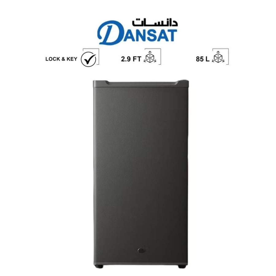 ثلاجة دانسات باب واحد 85 لتر (2.9 قدم) مع ضوء داخلي وقفل ومفتاح – فضي داكن (موديل DAN140SR)