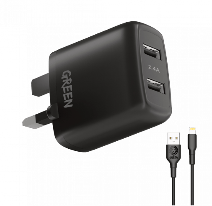 فيش جداري مدخلين USB مع كيبل ايفون ماركة جرين