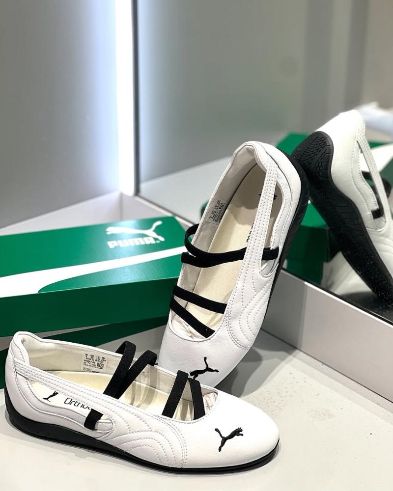 Puma Women’s Speedcat Ballet Leather Shoes in White and Black.”