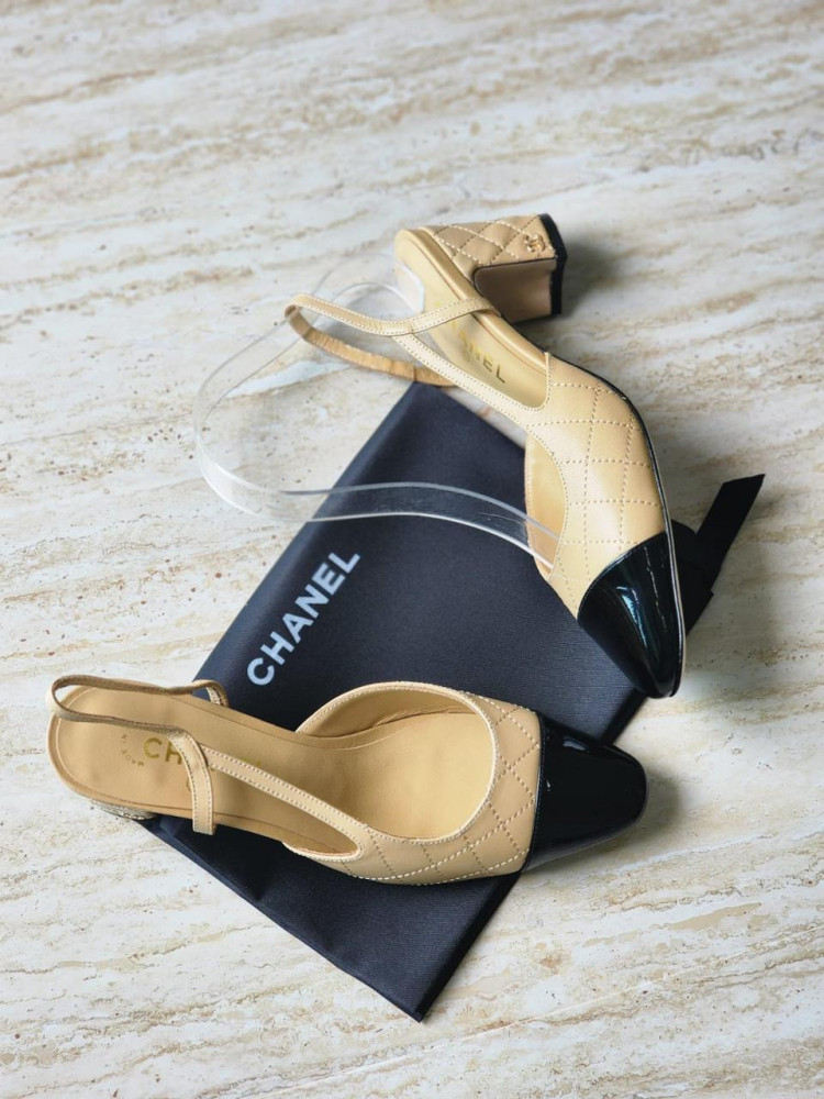 Chanel Shoe Mademoiselle Leather Camel Black Grosgrain