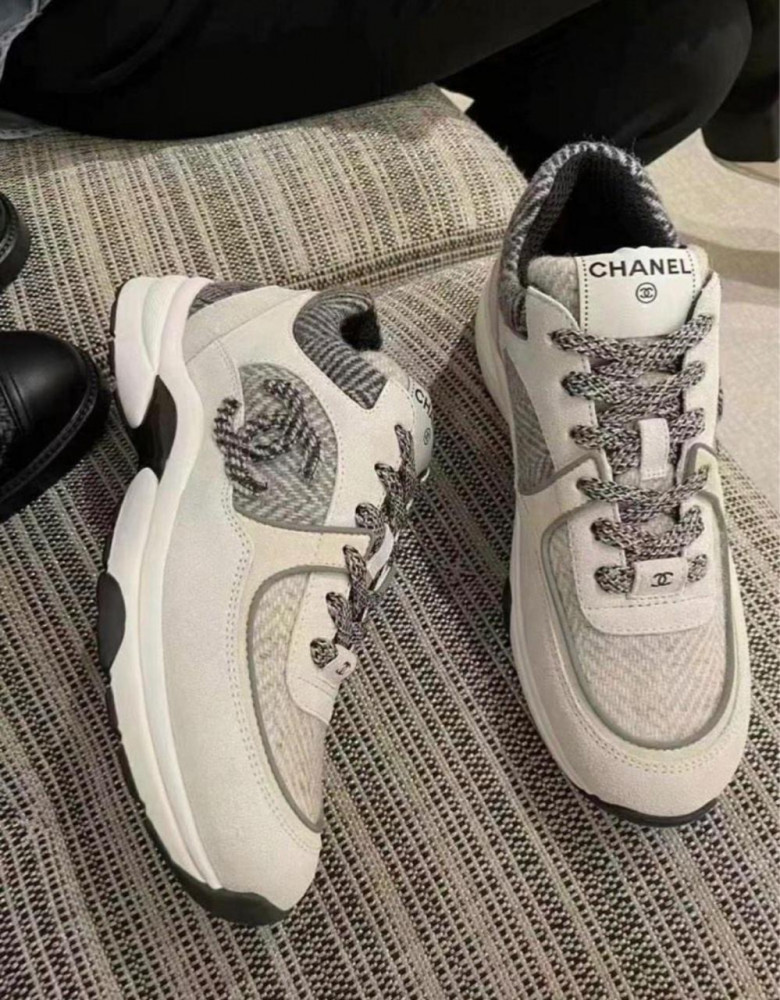 Sneakers Fabric & Suede Calfskin Ivory, Gray & White