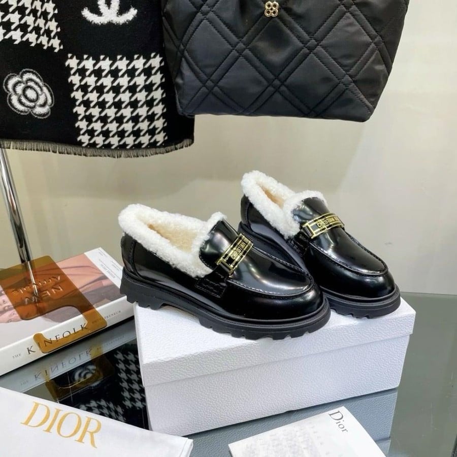 Christian Dior Black Brushed Leather Shearling Dior Code Loafers