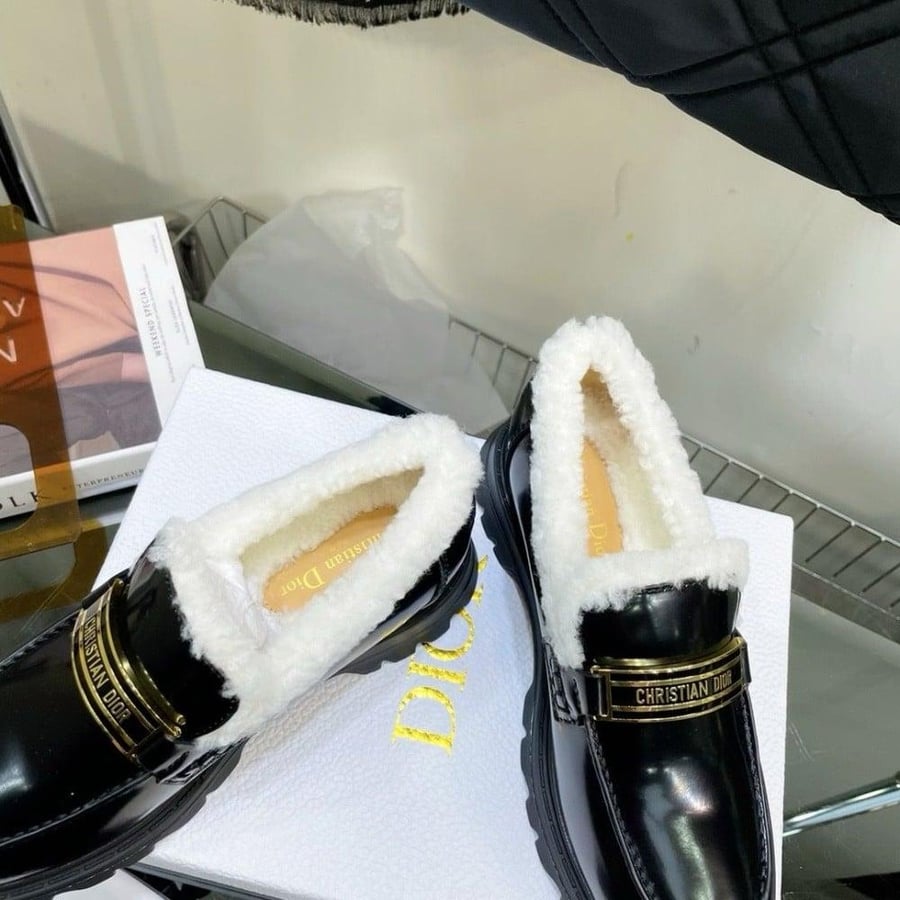 Christian Dior Black Brushed Leather Shearling Dior Code Loafers