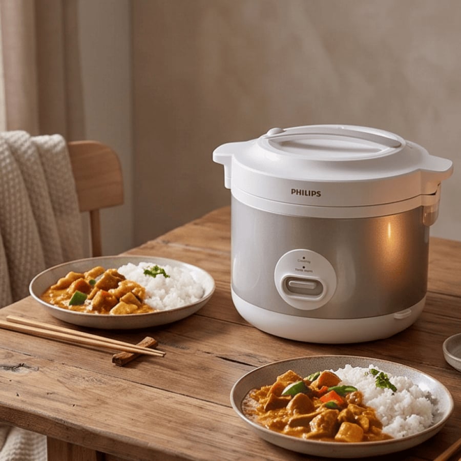 جهاز طهي الأرز فيليبس - تسخين ثلاثي الأبعاد - 1.8 لتر، 10 أكواب، وظائف 3 في 1: الطهي، الطهي بالبخار، والحفاظ على الدفء، وعاء من الألومنيوم غير لاصق بأربع طبقات