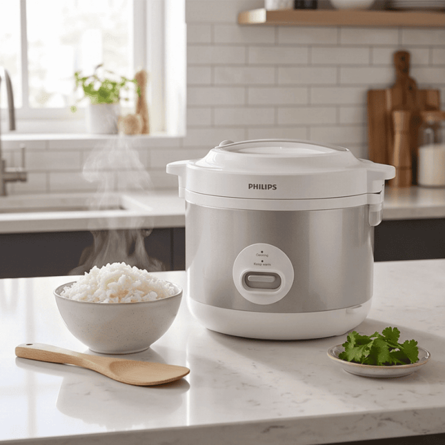 جهاز طهي الأرز فيليبس - تسخين ثلاثي الأبعاد - 1.8 لتر، 10 أكواب، وظائف 3 في 1: الطهي، الطهي بالبخار، والحفاظ على الدفء، وعاء من الألومنيوم غير لاصق بأربع طبقات