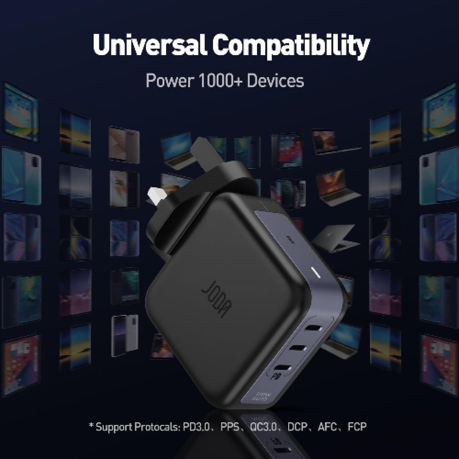 شاحن جداري جودا بقوة 100 واط، بثلاثة منافذ USB-C وتقنية GaN، باللون الأسود