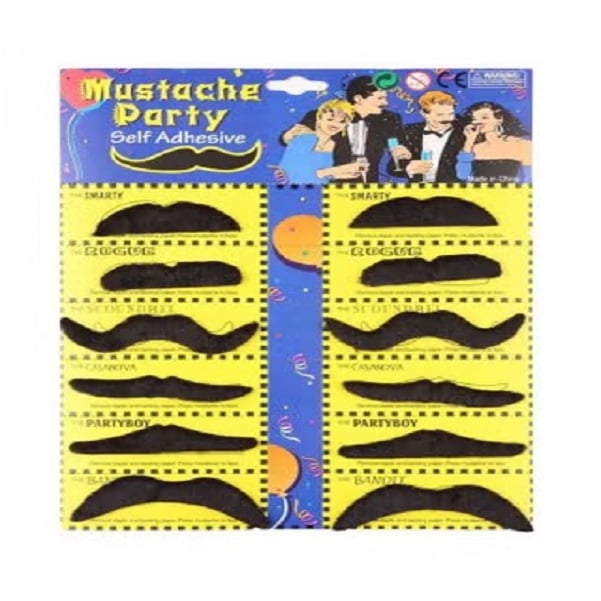 Self-adhesive set of 12 fake mustaches for costume parties, black