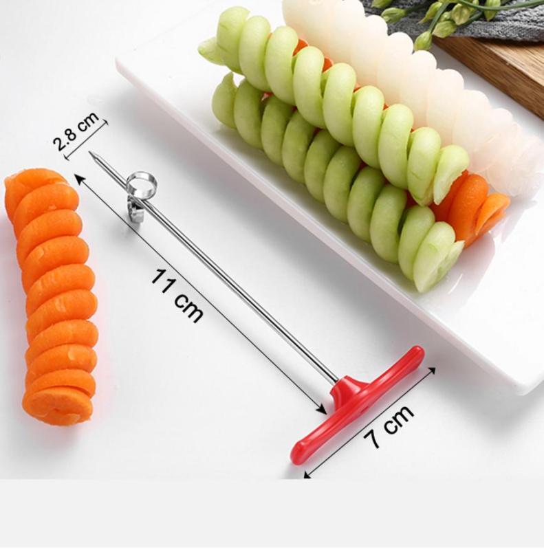 A kitchen tool for spiralizing vegetables. Plastic + stainless steel