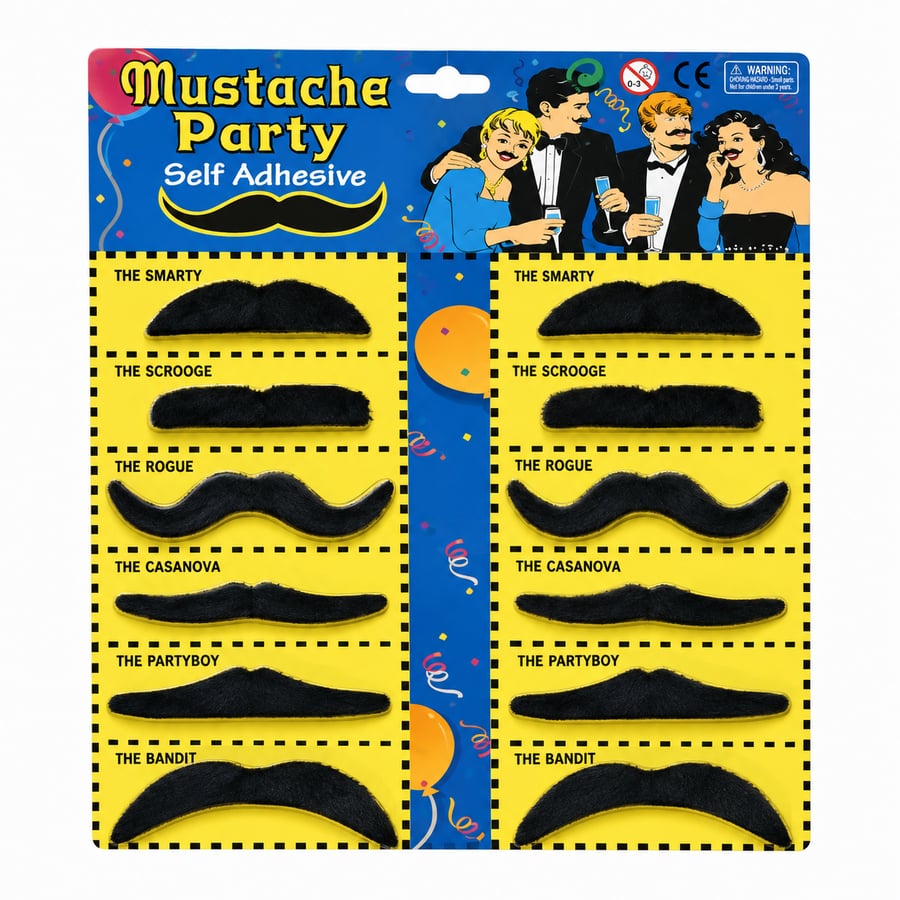 Self-adhesive set of 12 fake mustaches for costume parties, black