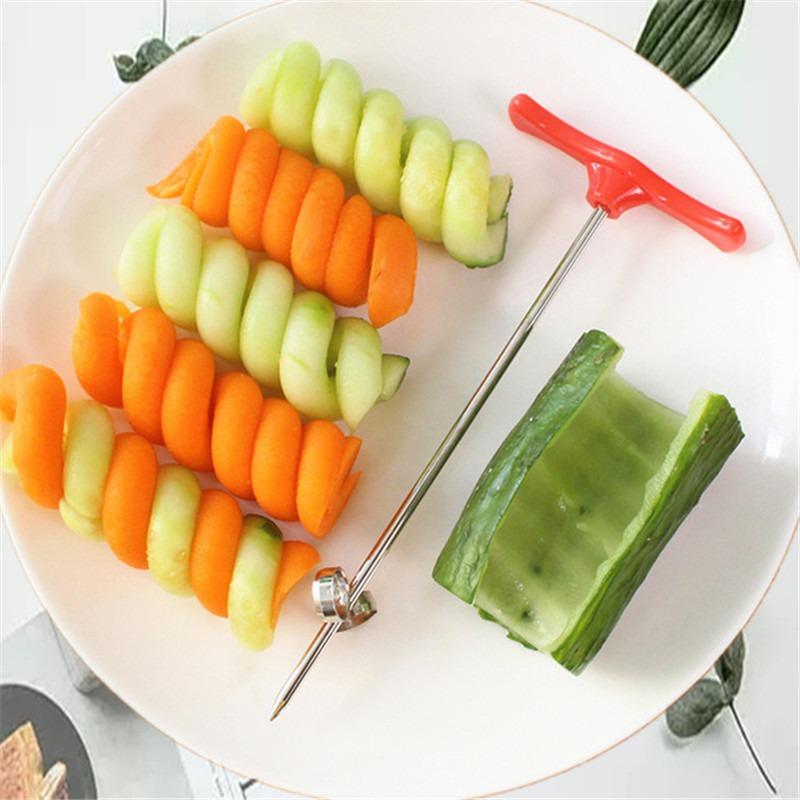 A kitchen tool for spiralizing vegetables. Plastic + stainless steel