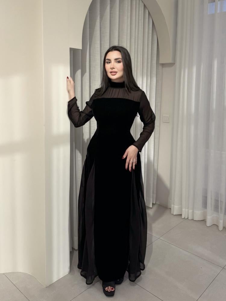 فستان اسود مخمل  بشيفون