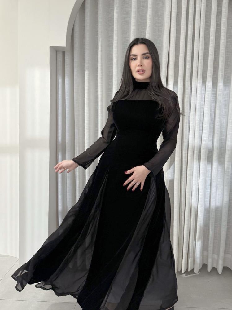 فستان اسود مخمل  بشيفون