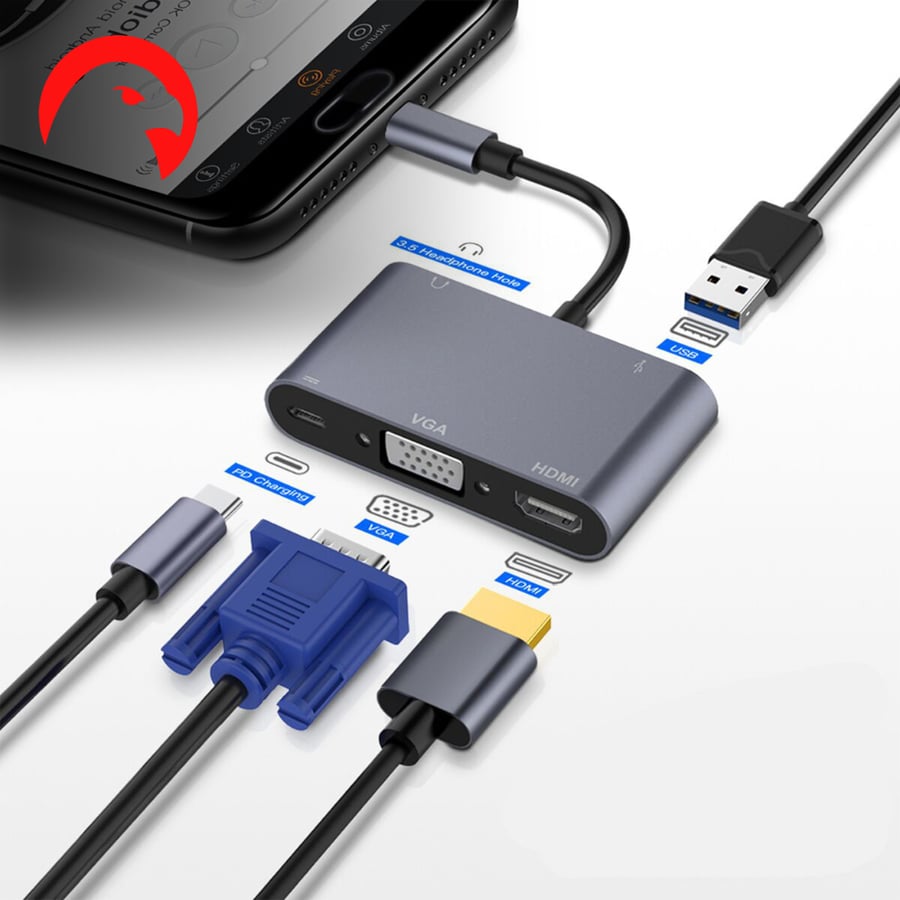 وصلة شاشة VGA / HDMI / USB 3 / PD / AUX فيجا اتش دي 5 فى 1 للايفون