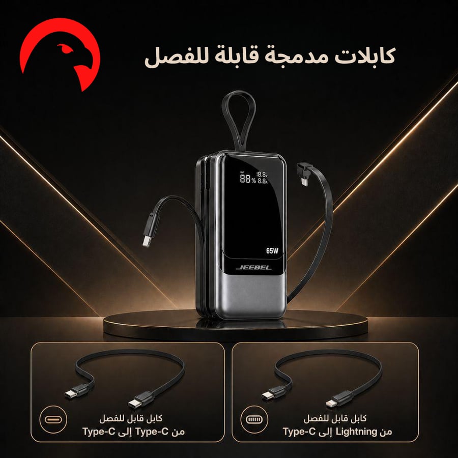 باور بانك 20000mAh 65W شحن فائق السرعة يدعم اللابتوب والجوال والتابلت مع شاشة رقمية وكابلات مدمجة