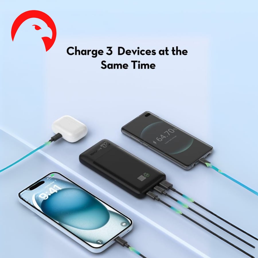 بطارية راف باور 10000 ملي أمبير | شاحن متنقل 20 واط 3 منافذ USB + 2PD بشاشة ذكية