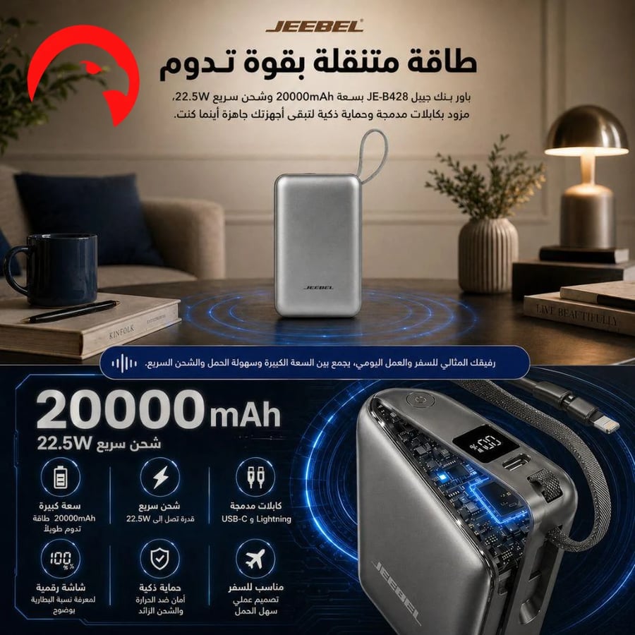 باور بانك من جيبل سعة 20000mAh يدعم الشحن السريع 22.5W مزود بكابلات مدمجة وشاشة عرض رقمية