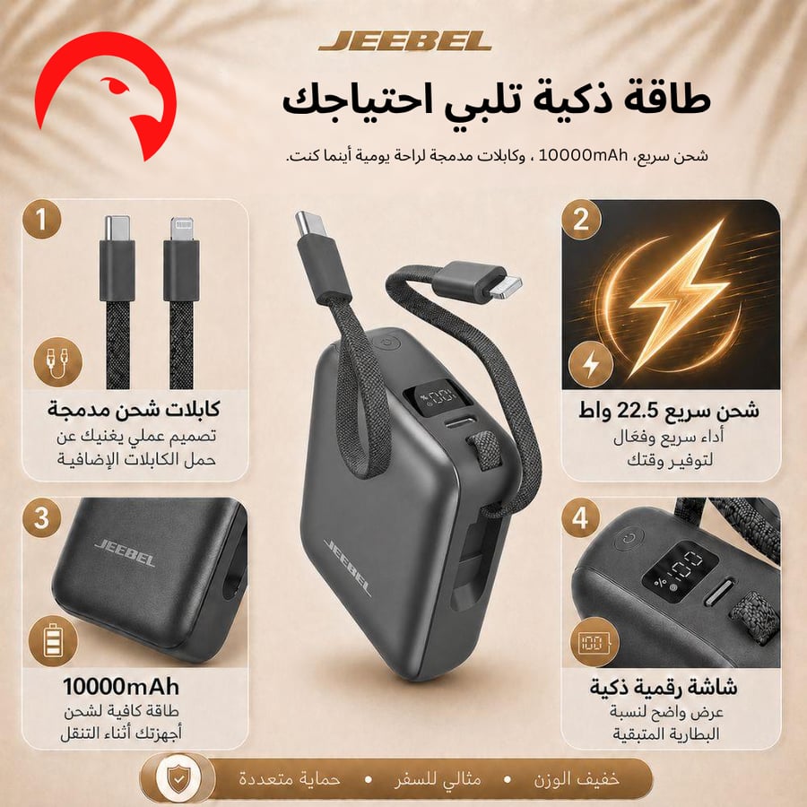 باور بانك من جيبل 10000mAh شحن سريع 22.5W بكابلات مدمجة وشاشة رقمية