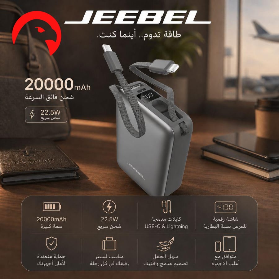 باور بانك من جيبل سعة 20000mAh يدعم الشحن السريع 22.5W مزود بكابلات مدمجة وشاشة عرض رقمية