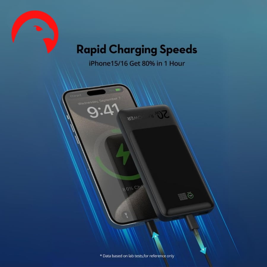 بطارية راف باور بسعه 20 الف ملي امبير 20 واط بــ 3 مخارج USB + 2PD