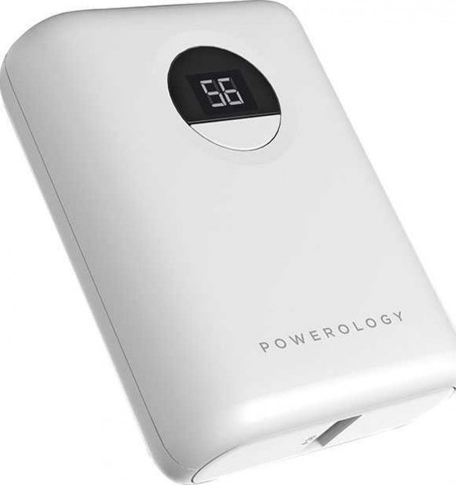 Powerology portable battery with a digital screen, 10,000 mAh, supports PD technology with 20 watts.