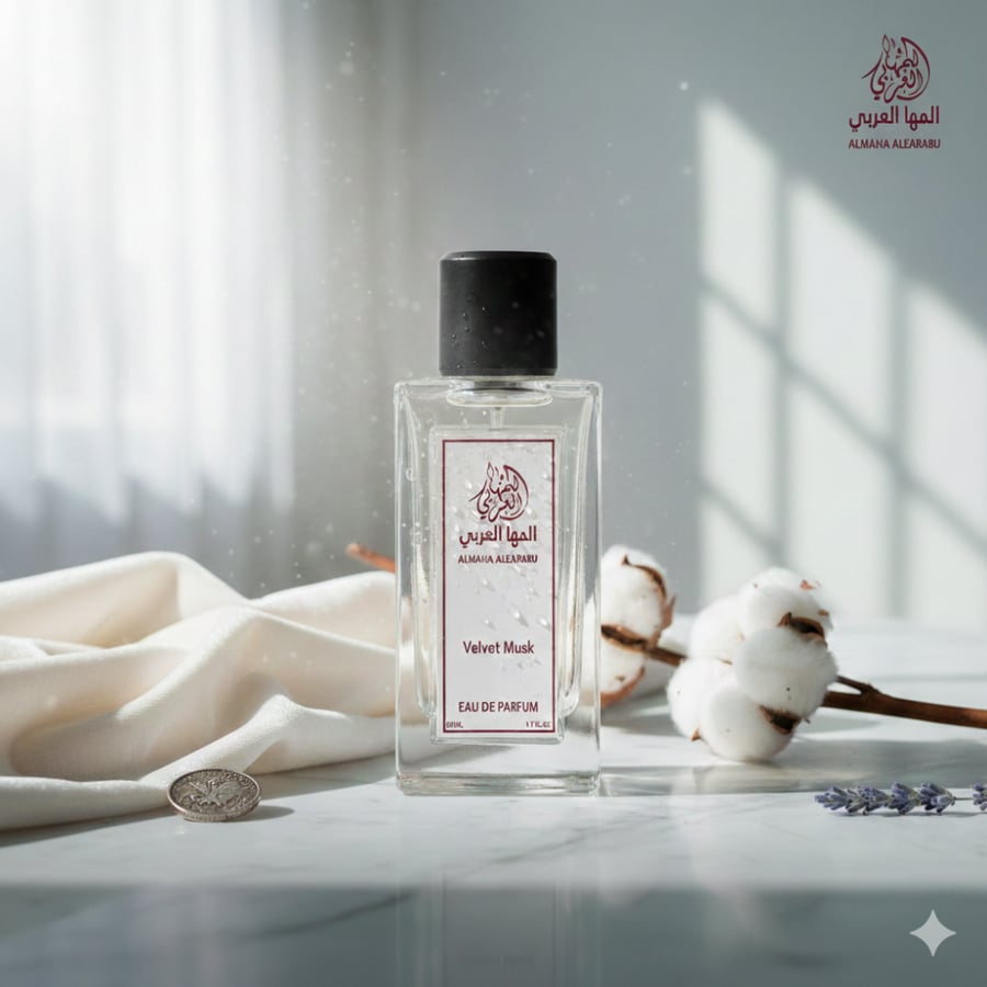 عطر Velvet Musk مسك الايطالي من المها العربي للعطور او دي بارفيوم بحجم 50 مل بمقدمة رذاذ زهرة القطن وقلب من المسك الايطالي المخملي وقاعدة من البودرة الشفافة والعنبر الابيض بثبات يدوم لساعات ويصلح لطبقات العطور