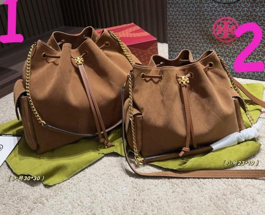Tory Burch Charlie Quilted Suede Drawstring مخمل