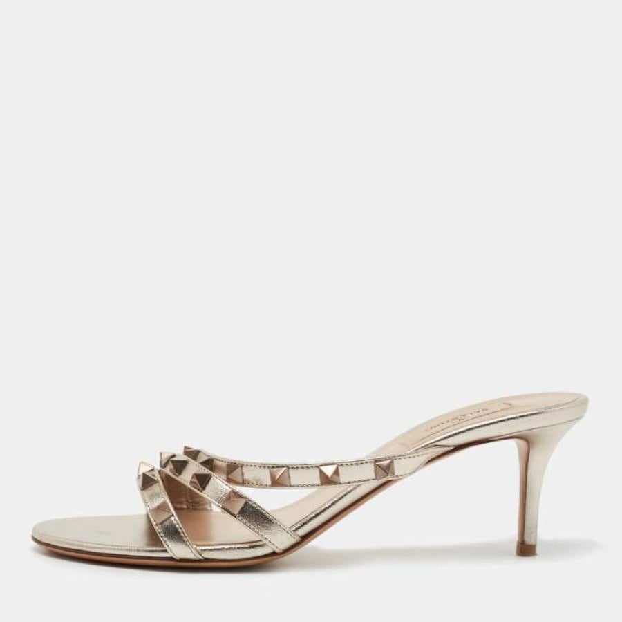 Valentino Metallic Leather Rockstud Slide Sandals