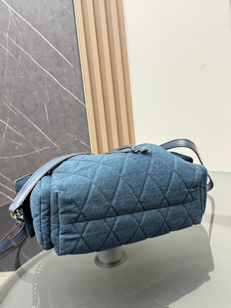 Tory Burch Charlie Quilted Denim Drawstring Shoulder Bag.