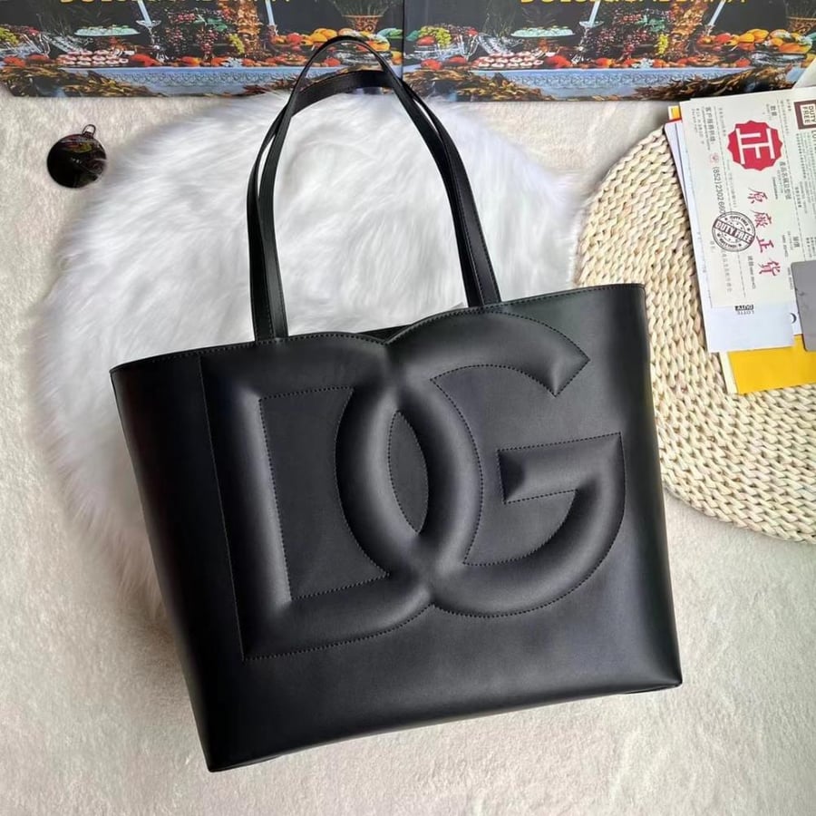 DG Logo Black Leather Tote Bag