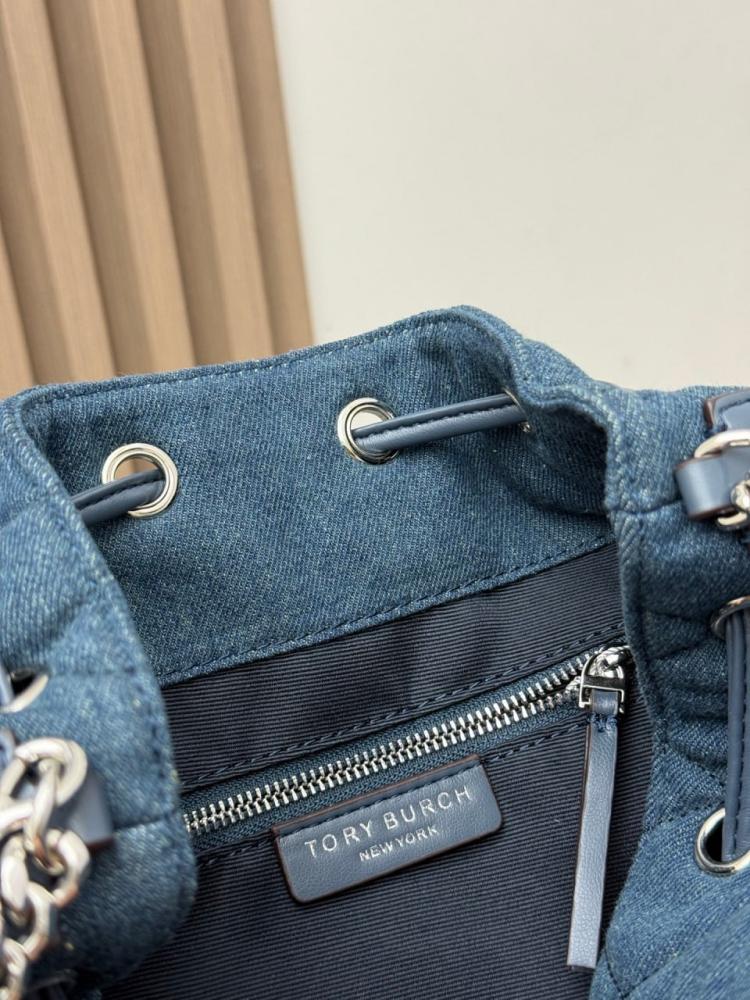 Tory Burch Charlie Quilted Denim Drawstring Shoulder Bag.