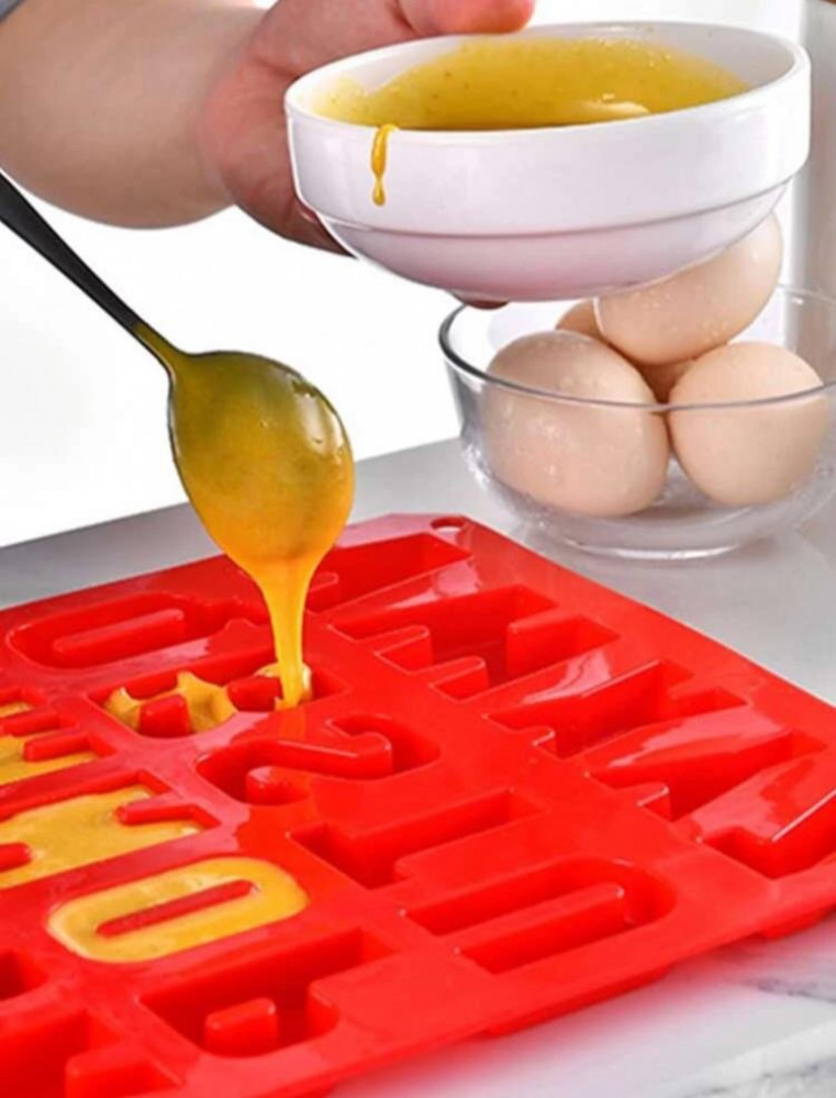 Silicone mold with large English letters size used for chocolate, bread, soap making, resin crafts, and hobbies (one piece, red color)