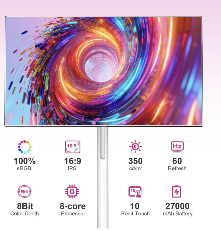 تلفزيون ذكي محمول بعجلات، تلفزيون دوار لاسلكي 27 بوصة مع واي فاي 1080P 6+128 جيجابايت اندرويد 15، شاشة تعمل باللمس